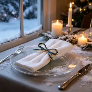 Elegant gold-trimmed blue enamel bow napkin ring detail in winter dining table setting.