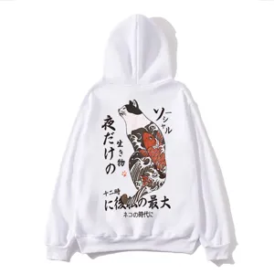Unisex Japanese cat print white streetwear hoodie with back graphic pullover sweatshirt.