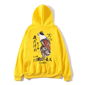 Men's Casual Japanese Cat Print Hooded Long Sleeve Loose Fit Pullover Sweatshirt Streetwear Trendy Top