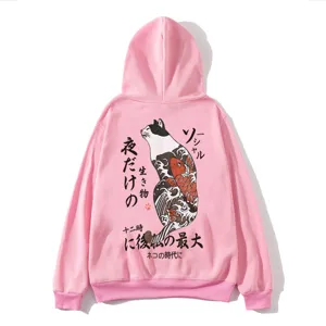 Pink hoodie featuring a Japanese cat and koi fish print on the back, streetwear style.