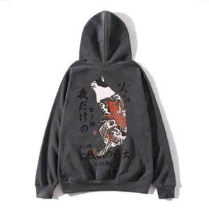 Back detail view of dark grey casual hoodie featuring Japanese cat and koi fish graphic print.