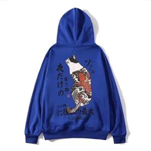 Blue hoodie with Japanese cat koi fish print on back, loose streetwear pullover sweatshirt.