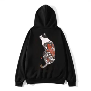 Men's black hooded sweatshirt with Japanese cat and koi graphic print streetwear style.