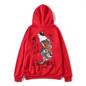 Red Japanese cat print hoodie for men and women, loose street style pullover sweatshirt.