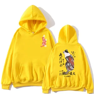 Japanese streetwear yellow hoodie featuring a stylish irezumi cat graphic print, casual style.