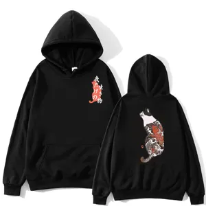 Japanese style cat koi fish print black hoodie streetwear casual loose long sleeve hooded sweatshirt