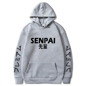 Sweat à capuche gris style japonais SENPAI, sweat-shirt molletonné décontracté et poche.
