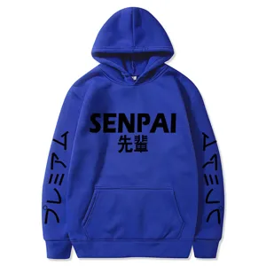 Sweat à capuche en molleton bleu style japonais SENPAI avec détails d'impression.