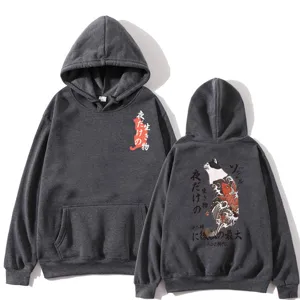 Dark grey hoodie detail featuring Japanese cat and koi fish print with Japanese text graphics.