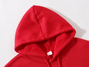Red hoodie detail shot, cozy hood and collar view, comfortable daily casual apparel close-up.