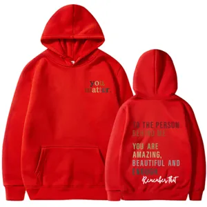 Felpa rossa con stampa di lettere positive davanti e dietro, felpa con cappuccio unisex casual.