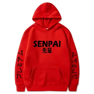 Sweat à capuche rouge avec impression de texte japonais SENPAI, molleton confortable.