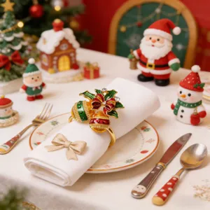 Exquisite Christmas bell napkin ring detail view, diamond alloy holiday table decor.