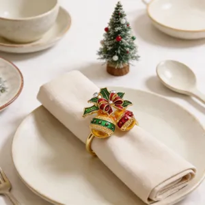 Christmas bell napkin ring alloy rhinestone table decor for holiday party dining table settings.