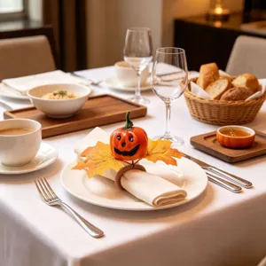 Autumn pumpkin maple leaf napkin ring for hotel table setting, Halloween Thanksgiving decor.