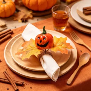Autumn pumpkin maple leaf napkin ring detail, ideal for Halloween decor and table setting.