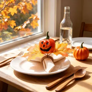 Autumn pumpkin napkin ring detail showcasing maple leaf design for Thanksgiving dinner table.