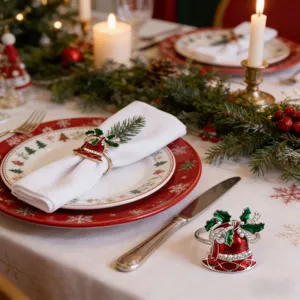 Christmas Bell Napkin Rings Zinc Alloy Rhinestone Enamel Napkin Buckles For Holiday Dinner Table Decoration Party