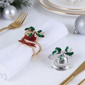 Christmas bell napkin ring metal rhinestone holiday table decor set of two elegant dining tools