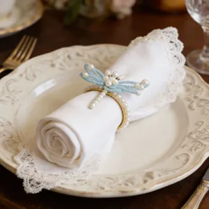 Luxe Servetring met Parel en Libel Creatieve Servetgesp Voor Hotel Westerse Tafeldecoratie Europese Stijl Tafelgerei