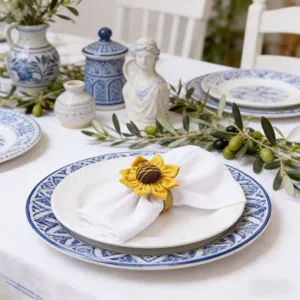 Dettaglio portatovagliolo girasole in tessuto fatto a mano, elegante decorazione per tavola.