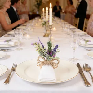 Portatovaglioli in juta rustica con lavanda artificiale per decorazione tavola.