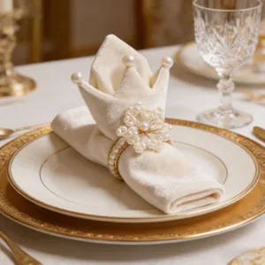 Luxury gold pearl napkin ring with white velvet crown napkin for elegant wedding table decor.