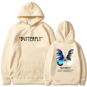 Beige aesthetic butterfly graphic hoodie for men and women, casual long sleeve hooded sweatshirt.