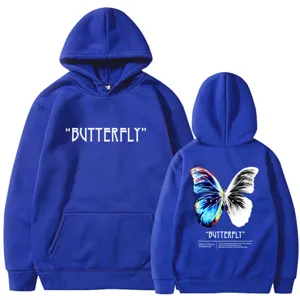 Royal blue long sleeve hoodie featuring stylish butterfly graphic and text print details.