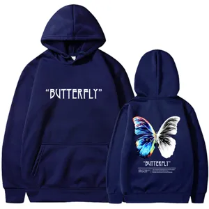 Dark blue hooded sweatshirt featuring butterfly graphic print and stylish quoted text on back.