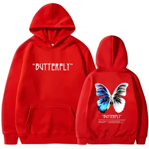 Red hooded sweatshirt with butterfly graphic print and letter design for casual streetwear style