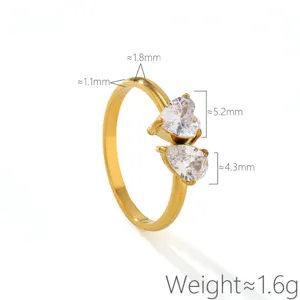 Stainless steel double stone zirconia ring, gold plated minimalist luxury women jewelry