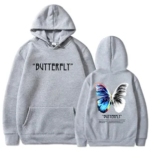 Men's grey fleece hooded sweatshirt with butterfly graphic and trendy letter print streetwear.