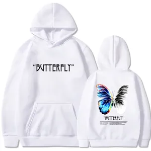 White fleece hoodie with butterfly graphic print, casual loose streetwear couple sweatshirt.