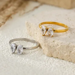 Stainless steel double pear zircon ring detail, luxury gold plated women fashion ring.