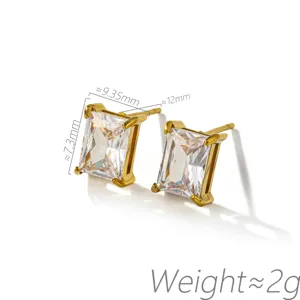 Elegant rectangular cubic zirconia gold stud earrings featuring clear dimensions and light design.