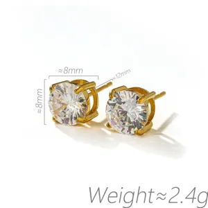 Stainless steel 4-prong round cubic zirconia stud earrings, elegant light luxury jewelry.