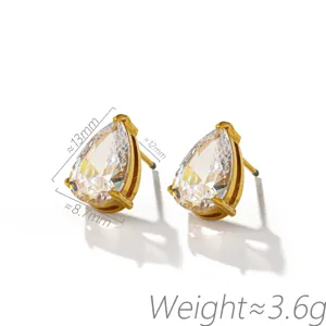 Pear shaped cubic zirconia stud earrings stainless steel gold plated fashion jewelry