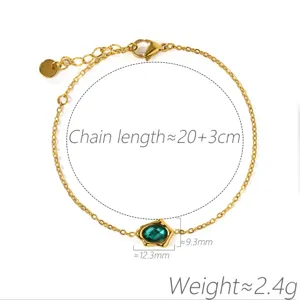 Elegant irregular green zircon gold plated bracelet with adjustable chain length for women.