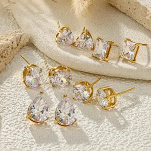 Titanium Steel Geometric Rhinestone Stud Earrings Light Luxury Four-Prong Inlaid Crystal Earrings Gold Silver Plated Jewelry For Women
