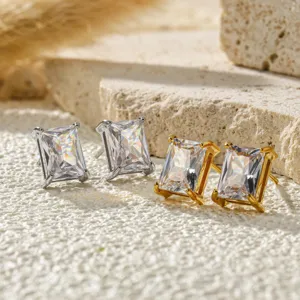 Square zircon stud earrings in stainless steel with four-prong setting for elegant daily wear.