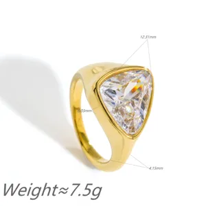 Cross-border fashion gold stainless steel ring with large triangle cubic zirconia stone.