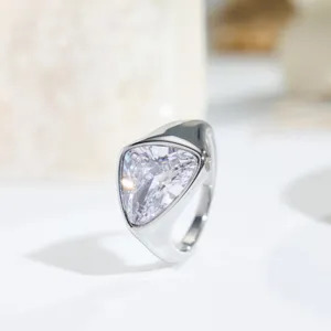 Detailed close-up of a stylish triangular cubic zirconia stainless steel ring for men and women