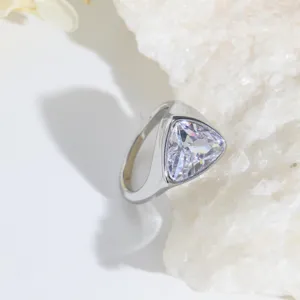 Detail view of a minimalist stainless steel ring featuring a sparkling trillion-cut cubic zirconia.
