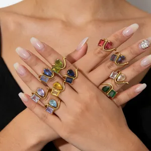 Elegant 18K gold plated multi-color zirconia twin rings, chic geometric open finger jewelry.