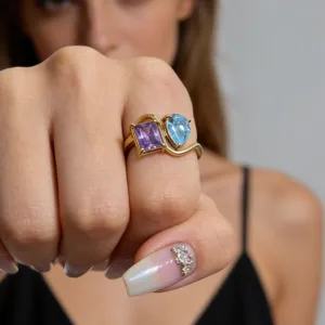 Stunning 18k gold-plated multi-color cubic zirconia dual stone ring gorgeous detail view.
