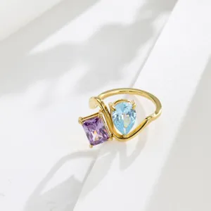 18K gold plated geometric dual stone zircon ring, elegant minimalist fashion jewelry for women.