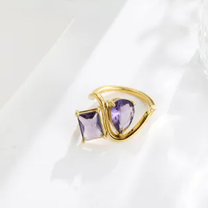 18K Gold Plated Twin Zirconia Ring Geometric Open Finger Jewelry For Women Stackable