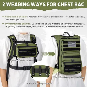 Détail de sac de poitrine tactique avec quatre boucles et sangle Molle pour deux portés.