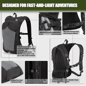 Outdoor sports hiking backpack detail view with 5L capacity, breathable mesh straps and hydration.